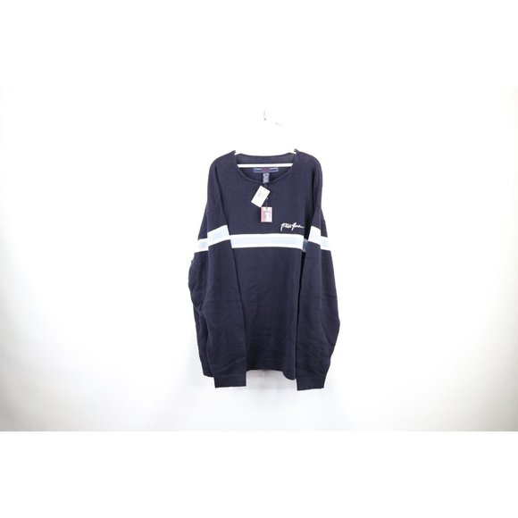 NOS Vintage Phat Farm Mens 3XL Striped Spell Out Script Marled Knit Sweater Navy